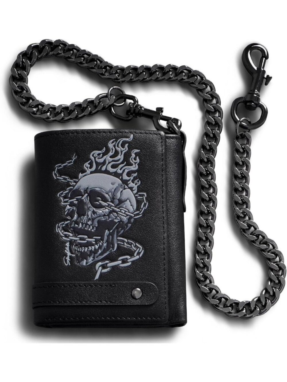 Skull Trifold Wallet with Chain for Men, Soft Leather, RFID Blocking - Cool Gift